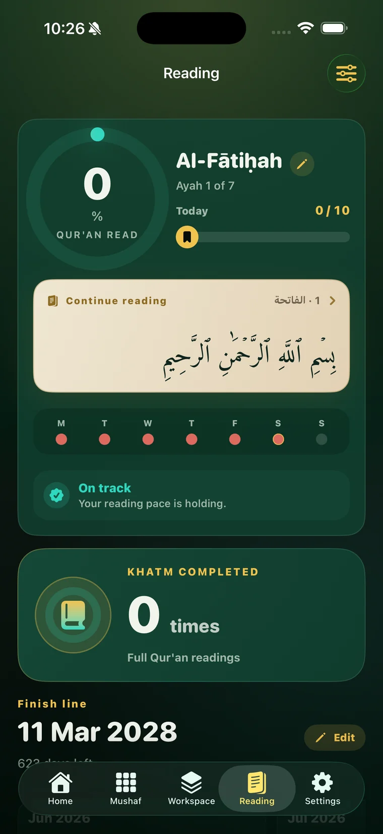 The Reading dashboard showing a daily reading target, a weekly streak, and a khatm counter.